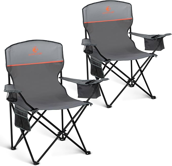 ALPHA CAMP Camping Chair 2 Pack Portable Chair with 3-Can Cooler Folding Chair with Side Pocket and Cup Holder Collapsible for Camping Tailgates Beach Fishing and Sports2PC