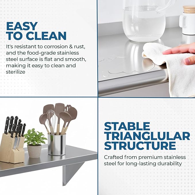 Stainless Steel Wall Shelf | Square Edge | Metal Shelving | Heavy Duty | Commercial Grade | Wall Mount | NSF Certified (12” Width x 30” Length)