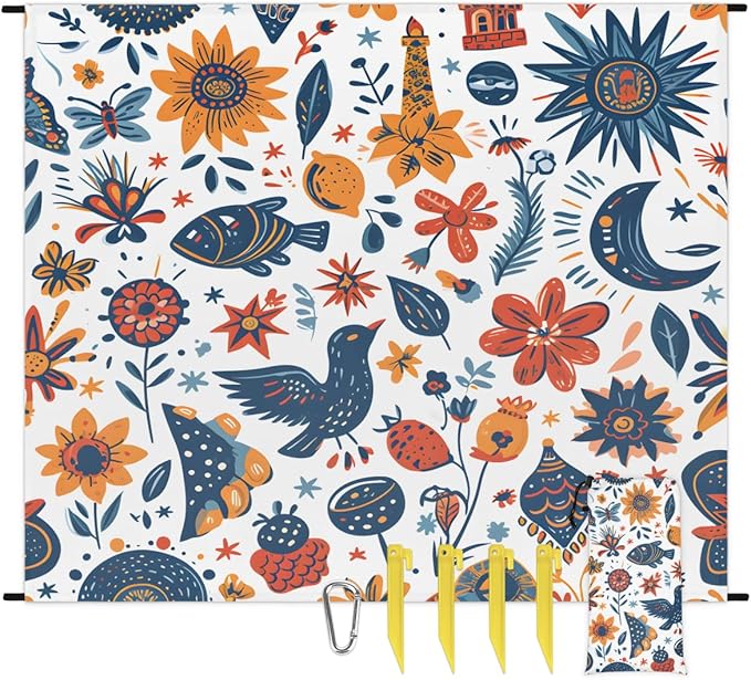 Waterproof Sandproof Beach Blanket 59''×68'' Animals &amp Plants Polyester Outdoor Picnic Blanket with 4 Stakes &amp Storage Bag for BeachCampingVacation White