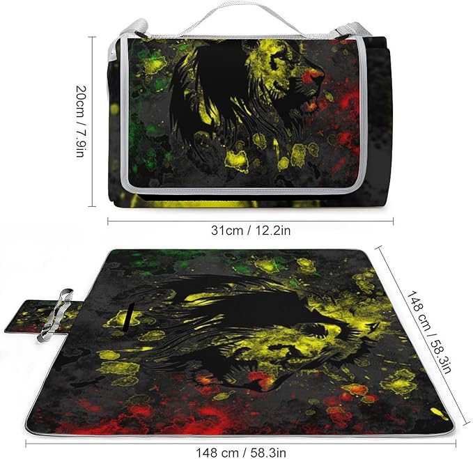 Jamaican Lion of Judah Rasta Lion King Waterproof Outdoor Picnic Blanket Sandproof Beach Mat for Camping Hiking Grass Travelling