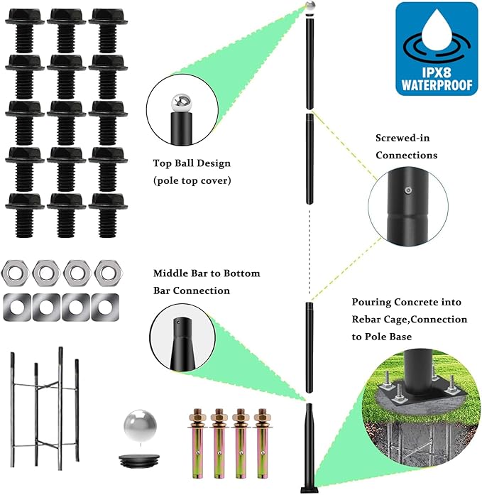 Street Light Pole 20 Ft Tall - Outdoor Adjustable Heavy Duty Metal Street Lamp Post for Outside Solar Street Lights with Mounting Rebar Cage Base for BackyardParking LotWalkway