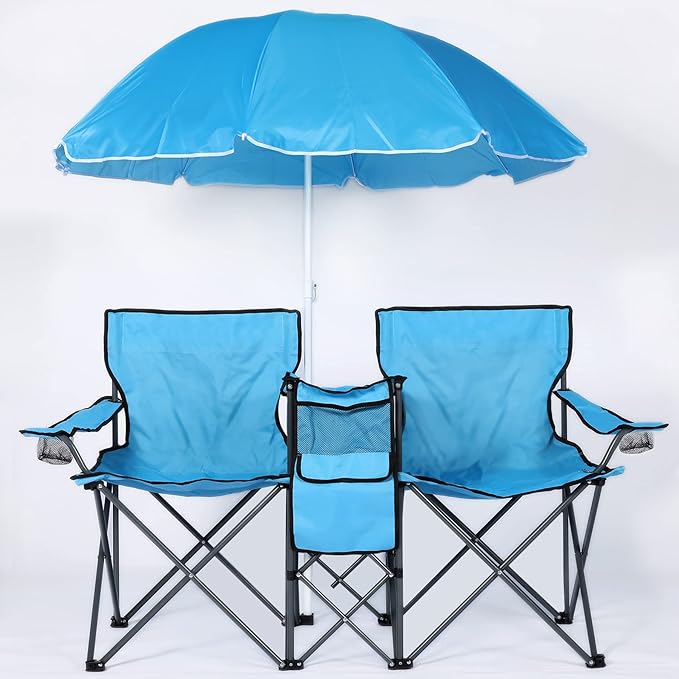 LAZZO Double Folding Camping Chairs Portable Picnic Camping Chairs w/Umbrella Mini Beverage Holder Carrying Cooler Bag Outdoor Picnic Double Folding loveseat Camp Chairs for Beach Patio Pool Park
