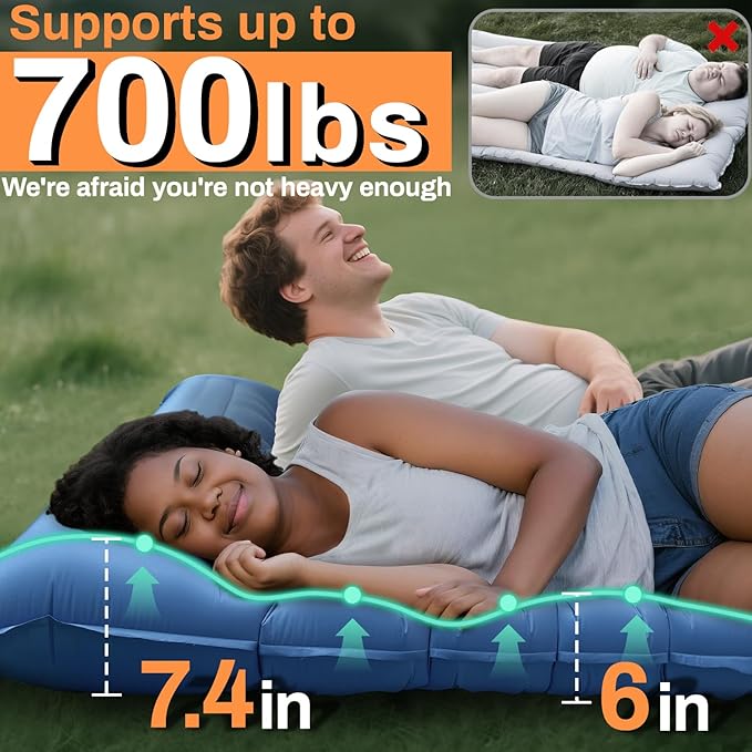 Double Sleeping Pad for Camping Extra Thick 6 Inch Sleeping Mat Camping for 2 Person Self Inflating Camping Pad with Built-in Pillow &amp Foot Pump Inflatable Camping Mat for Backpacking Hiking Tent