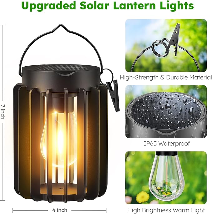 Solar Lanterns Outdoor Waterproof Brighter Up to 12 Hrs Outdoor Hanging Solar Lights Outside Hanging Lanterns for Garden Porch Patio Yard Decor Gifts for Women Mom Father Black 4 Pack