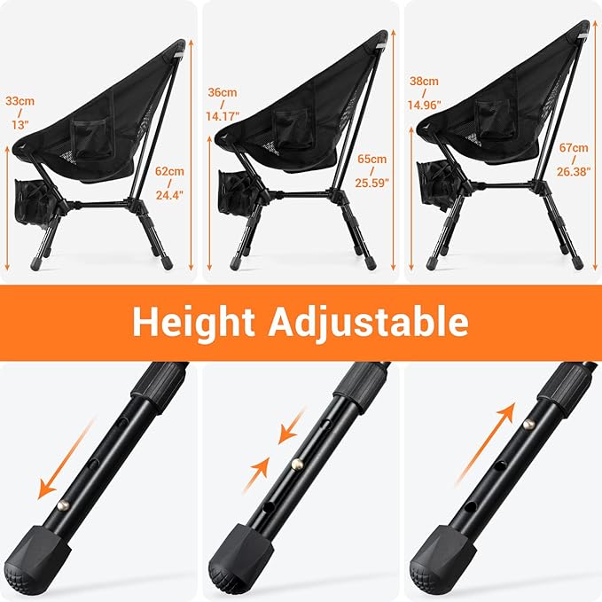 Sportneer Lawn Chairs: 3 Heights Adjustable Camping Chairs for Adults with 2 Side Pockets - Compact &amp Portable Folding Chairs for Outside Backpacking Hiking Picnic and Travel (1 Black)