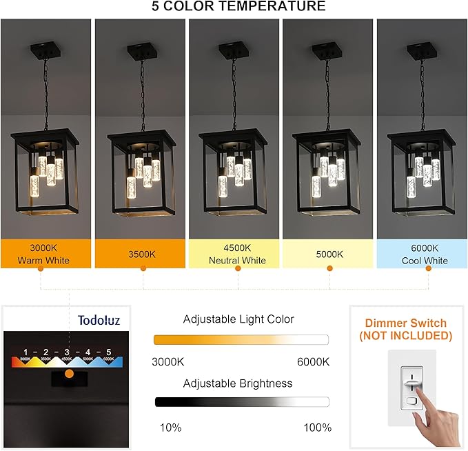 TODOLUZ LED 5CCT 4-Light Large Outdoor Pendant Light Fixtures in Oil Rubbed Bronze Adjustable Height Porch Hanging Lighting for Yard Entryway Patio Exterior Ceiling Lantern LED Chips Included