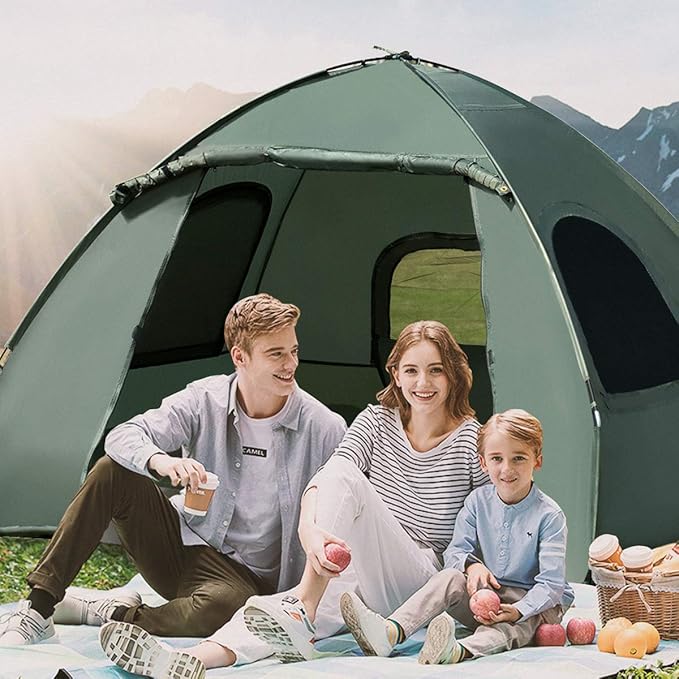 Double Tent Bed Portable Camping Tent with Air Mattress and Pillow Folding Camping Cot of Metal Frame Double Sleep Bag with Polyester Canopy for Outdoor Family Camping Picnic - Military Green