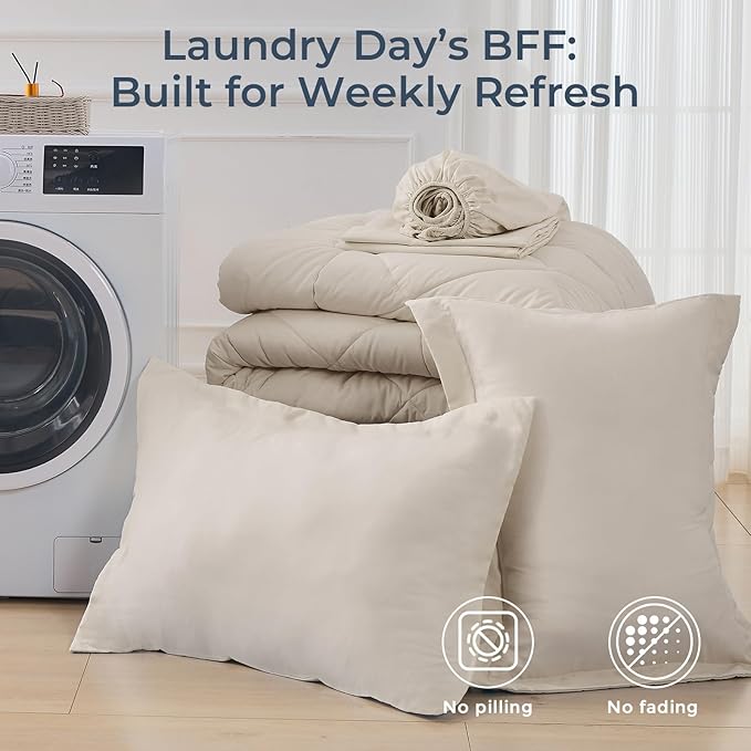 HEVUMYI Beige Tan Twin Comforter Set - 5-Piece All Season Bed in a Bag Twin Ultra Soft Bedding Set with Comforter Flat Sheet Fitted Sheet Pillowcases Pillow Shams Beige Tan