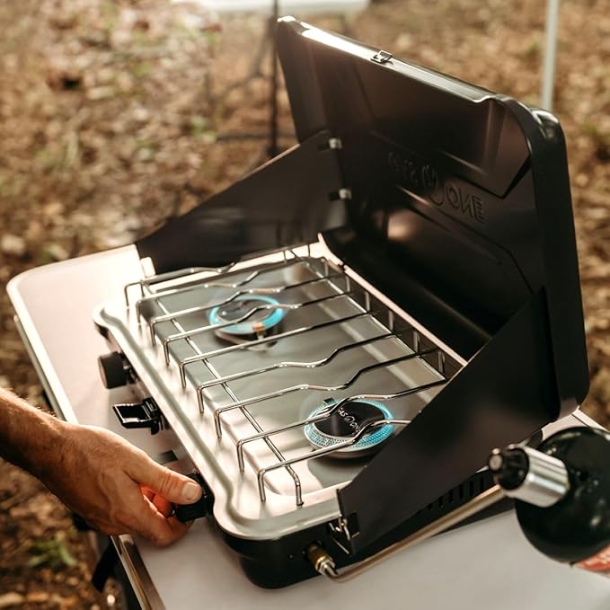 GasOne Portable Camping Stove – Double Propane Stove with Auto Twist Turn Ignition – 22000 BTU Camping Cooktop with 2 Burners and Wind Guard – Ideal for Tailgating Fishing Travel