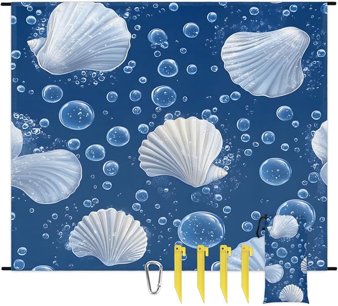 Waterproof Sandproof Beach Blanket 59''×68'' Sea Scallop Polyester Outdoor Picnic Blanket with 4 Stakes &amp Storage Bag for BeachCampingVacation Blue