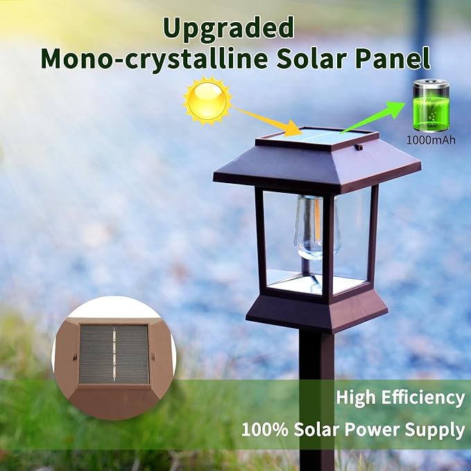 6Pack Solar Pathway Lights Outdoor Waterproof IP65 Brown Solar Lights Outdoor with Hook Upgraded 1000mAH Battery Up to 12Hrs Auto On/Off Garden Decor for Yard Driveway Walkway (Bulb)