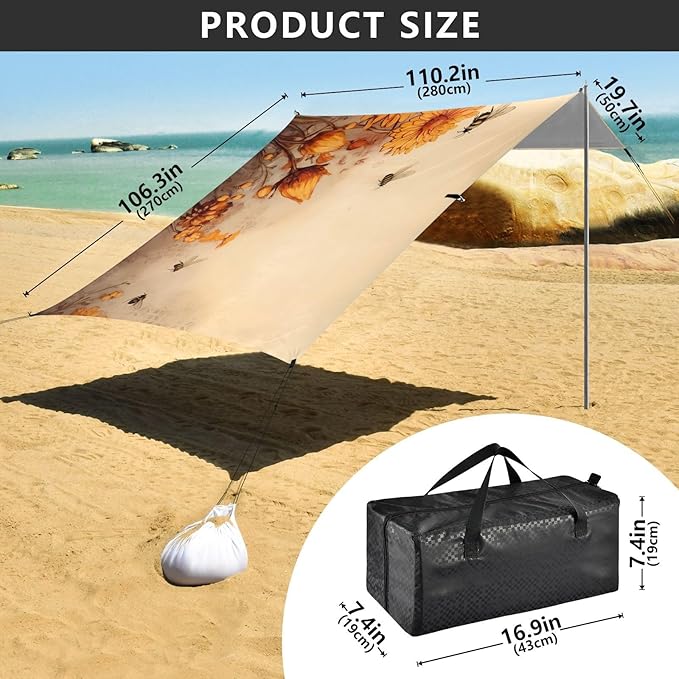 Vintage Sunflower Bee FlowersCamping Sun Shelters 9.2 x 10.5 FT Beach Canopy Tent Sun Shade with Carrying Bag for Camping Trips Fishing Backyard Fun or Picnics 21341511