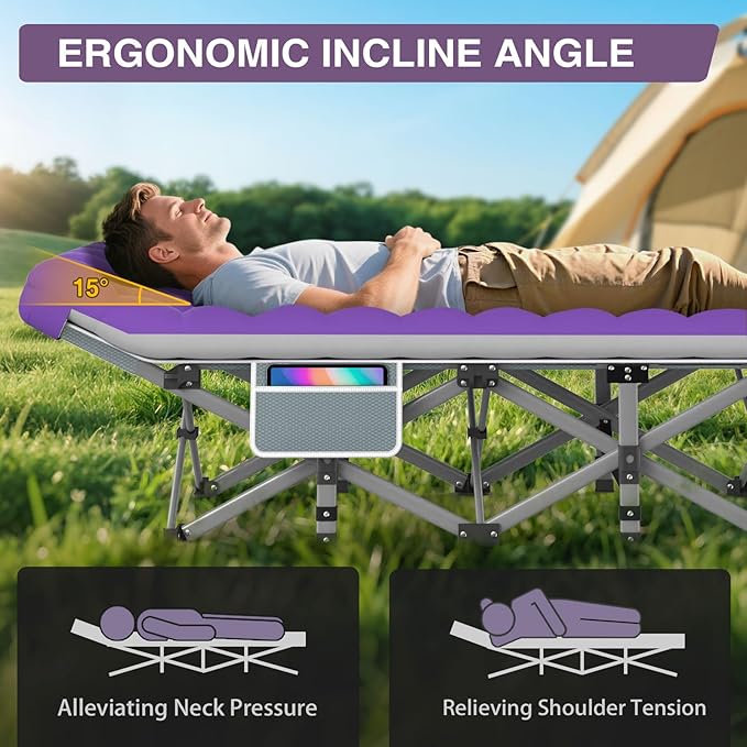 ZENPETIO 28In Folding Camping Cot for Adult Portable Sleeping Cot with Mattress Outdoor Heavy Duty Cot Bed for Camp with Carry Bag for Home Office Camp Travel Vacation-Purple