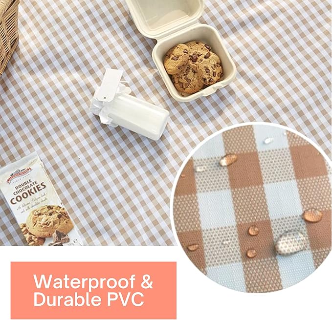 Cute Gingham Picnic Blanket Waterproof Foldable in Large 80x60in and Extra Large 80x80in Portable Compact Beach Blanket Oversized XL Outdoor Mat (Tan X-Large)