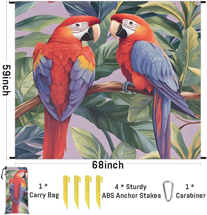 Waterproof Sandproof Beach Blanket 59''×68'' Macaw Parrot Polyester Outdoor Picnic Blanket with 4 Stakes &amp Storage Bag for BeachCampingVacation Fuchsia