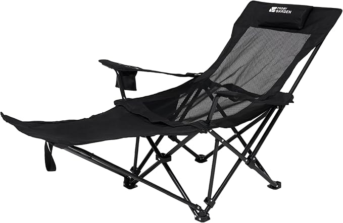 MOBI GARDEN Reclining Camping Chair with Foot Rest 4-Position Adjustable Folding Lounge Chair for Adults Portable &amp Detachable Footrest – Black - Mesh Back