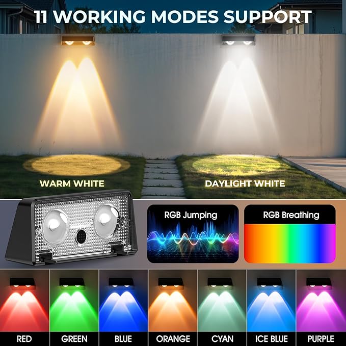 Fence Solar Lights Solar Fence Lights Outdoor Waterproof Led Warm/Cool White and RGB Colors Changing Outside Wall Lights for Yard Garage Backyard Railing Step Patio Pool - 12Pack