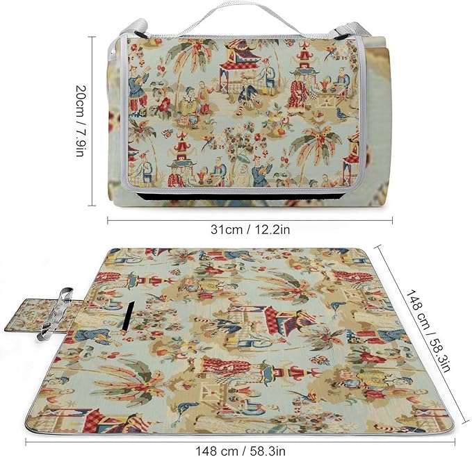 Chinese Style Powder Chinoiserie Blue and White Waterproof Outdoor Picnic Blanket Sandproof Beach Mat for Camping Hiking Grass Travelling