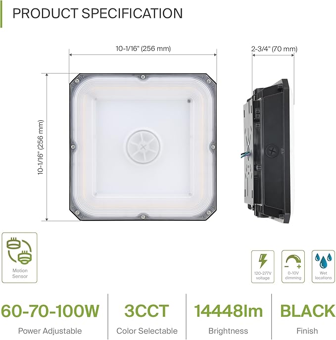ASD LED Canopy Light 100/70/60W with Q-Base – 3000/4000/5000K 14448Lm 10x10 120-277V IP65 Dimmable 0-10V UL &amp DLC Listed (Optional Motion Sensor-Extra Purchase)