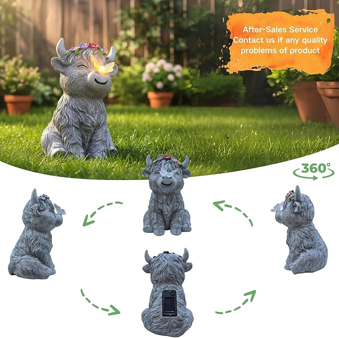 Solar Highland Cow Garden Statue with Glowing Butterfly Outdoor Highland Cow Decorations for Patio Yard Lawn Ornaments Gifts for Mom/Grandma Birthday Housewarming