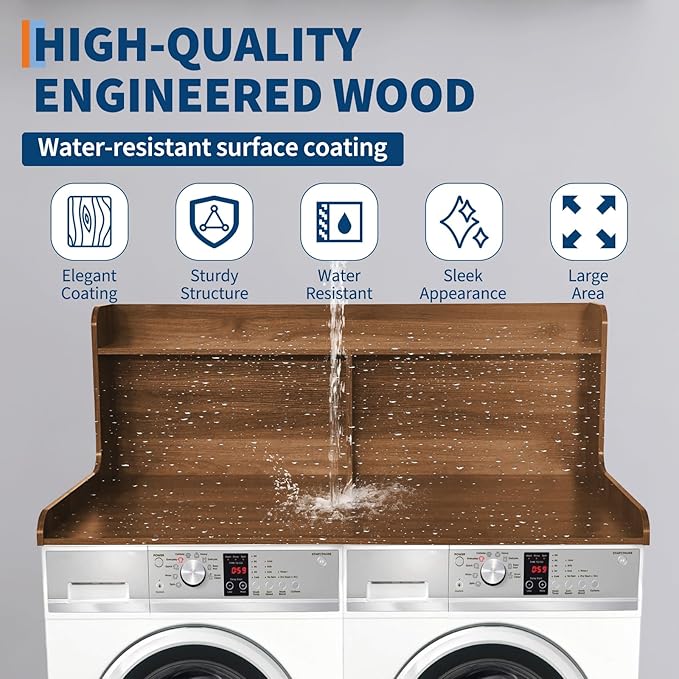 2 Tier Washer Dryer Countertop with Shelf54x27.5in Waterproof Wood Organizer Rack with StorageSpace-Saving Leader for Laundry RoomWalnut