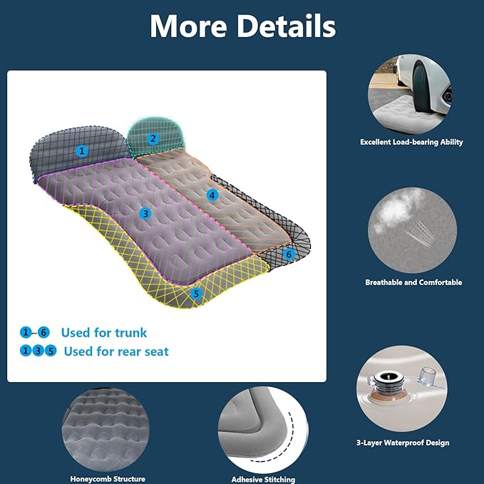 SUV Air Mattress for Camping Air Mattress for Car Compatible with SUV Camping Bed with Pump Inflatable Sleeping Pad for Car Backseat Truck Travel Bed for Road Trip (Grey)