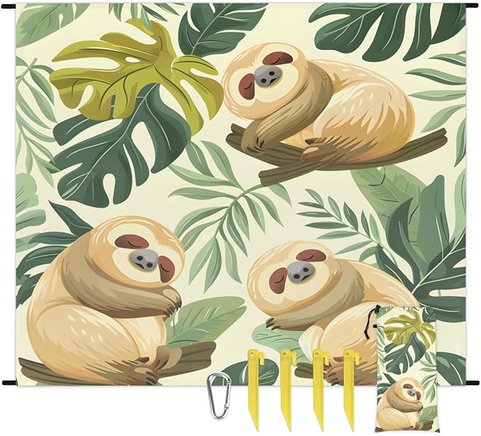 Waterproof Sandproof Beach Blanket 59''×68'' Sloth Polyester Outdoor Picnic Blanket with 4 Stakes &amp Storage Bag for BeachCampingVacation Leaves