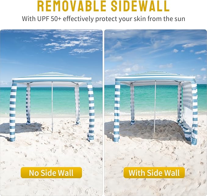 CROWN SHADES Beach Cabana 6.5 x 6.5 Umbrella Canopy Tent Easy Pop Up - Beach Cabanas for Sand - UPF50+ Protection with Sidewall and More Pockets Cyan Blue