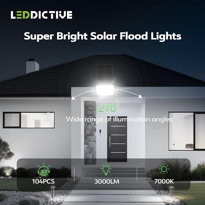 2 Pack LED Solar Lights Outdoor 7000K 3500LM Solar Powered Flood Lights with 3 Modes Dusk to Dawn Outdoor Lighting with Remote IP65 Waterproof 16.4 Ft Cable for Yard Garage Porch