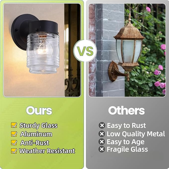 WISBEAM Smart Black Outdoor Wall Lights for House Jelly Jar Outside Light Fixture for Porch Patio Entryway Anti-Rust Waterproof Wall Mount Exterior Sconce E26 Base Bulb Not Included 2 Pack
