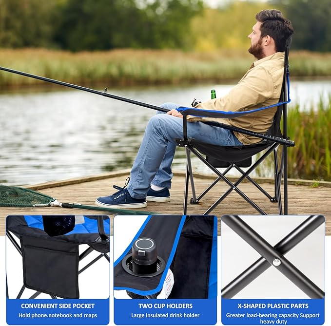 EMERIT Oversized Padded Camping Chair 350LB Heavy Duty Quad Fold Chair with Arms Collapsible Outdoor Chairs with Lumbar Back &amp Cup Holder