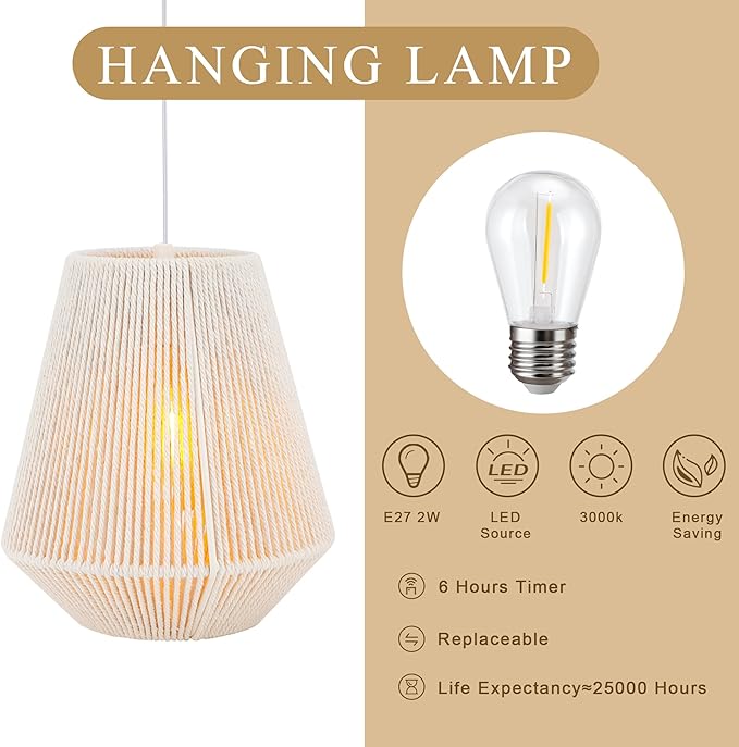 JHY DESIGN Set of 2 Battery Powered Lamp 8 H Braided Cotton Rope Decorative Pendant Lamp Battery Light with 6 Hours Timer for Bar Bedroom Patio Indoor Outdoor Living Room
