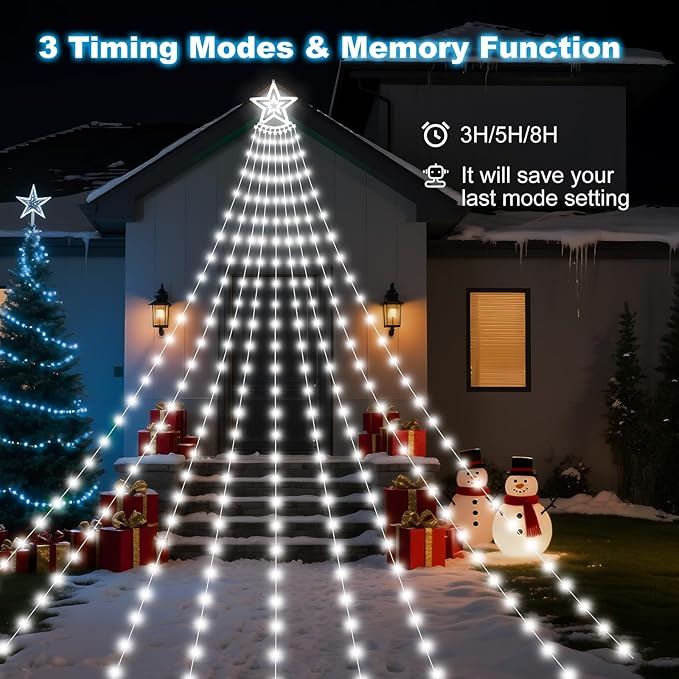 Solar Christmas Decorations Tree Lights Outdoor 18.37ft 532LED Waterfall String Lights with 8 Modes Timer Remote Xmas Lights USB Powered for Garden Yard Patio Home Holiday Party Decor Pure White