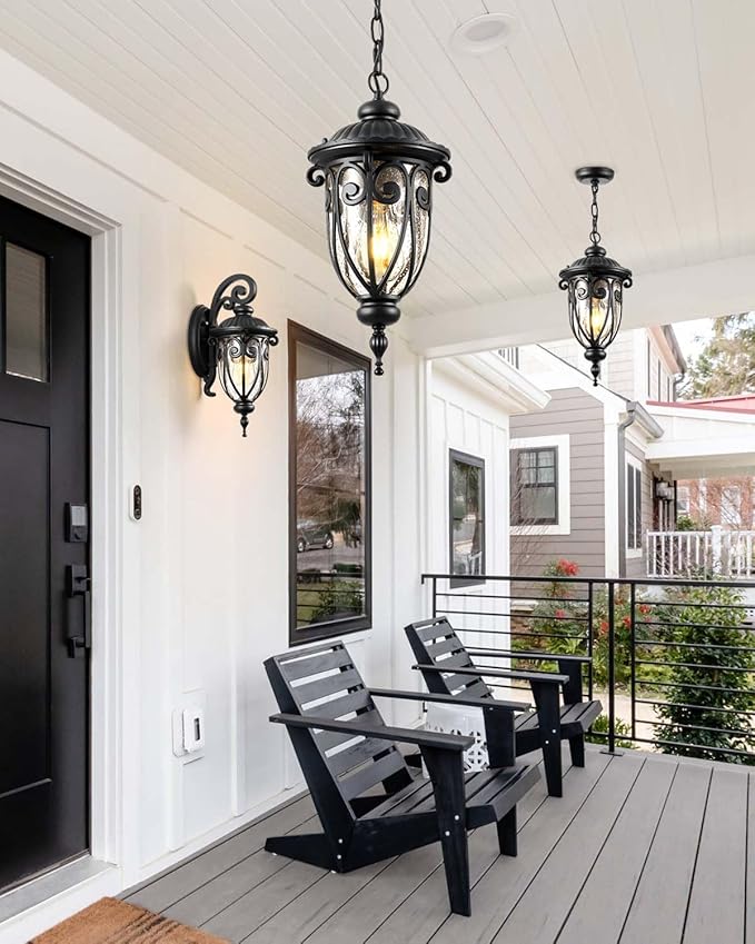 VIANIS Black Outdoor Pendant Light Lantern Modern Chandelier Handcrafted Hanging Lights with Seed Glass Outdoor Ceiling Lights for Porch House Doorway Garden Entryway