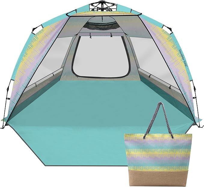 Beach Tent Sun Shelter for 4-6 Person - Pop Up Beach Tent UPF 50＋ UV Protection Lightweight and Easy Setup Cabana Extendable Floor with 3 Ventilating Windows Carrying Bag