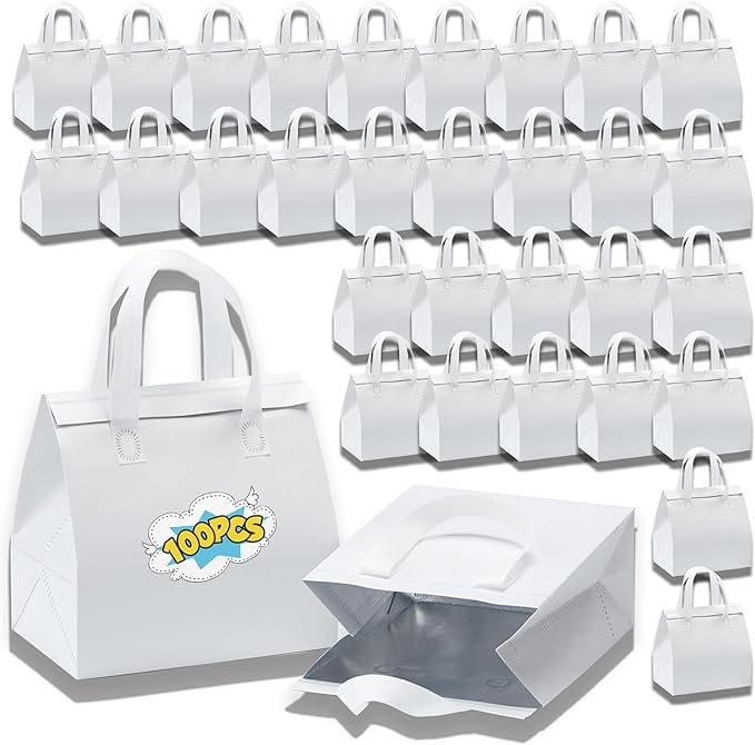 100 Pcs Insulated Take Away Bags Disposable Lunch Bags For Food Takeaways Coffee Milk Tea Seafood Pizza For Restaurants And Grocery Shops 9.5 x 6 x 10 In (white)