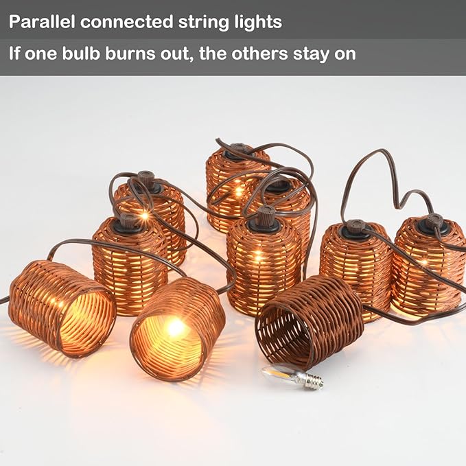 Natural Rattan String Lights 10 Rustic Raffia Cage 13 Ft Plug in &amp Connectable Wicker LightsOven Brown Rattan