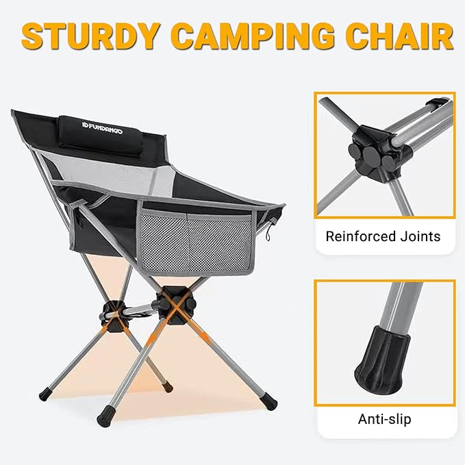 FUNDANGO High Back Camping Chair 2 Pack Portable Folding Camp Chair for Adults with Headrest for BBQ Outdoor Lawn Hiking Fishing Picnicl (Black)