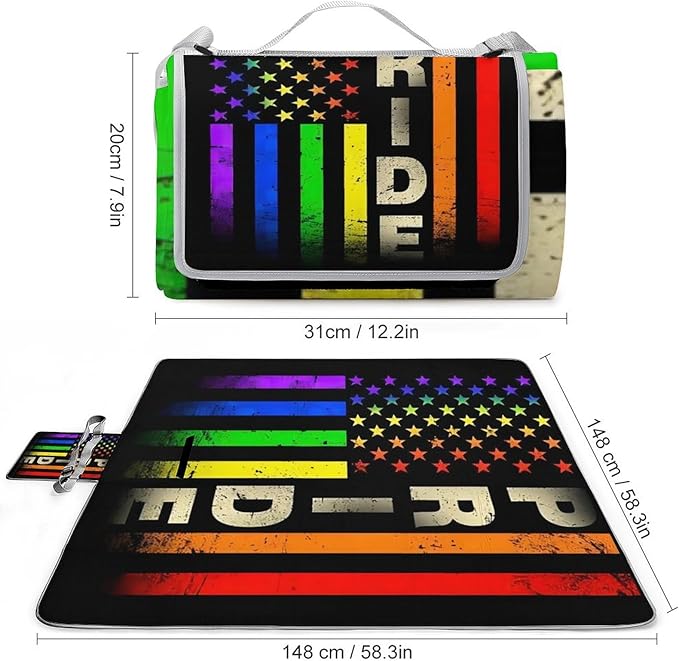 American Flag Rainbow Lesbian Gay Love Pride Waterproof Outdoor Picnic Blanket Sandproof Beach Mat for Camping Hiking Grass Travelling