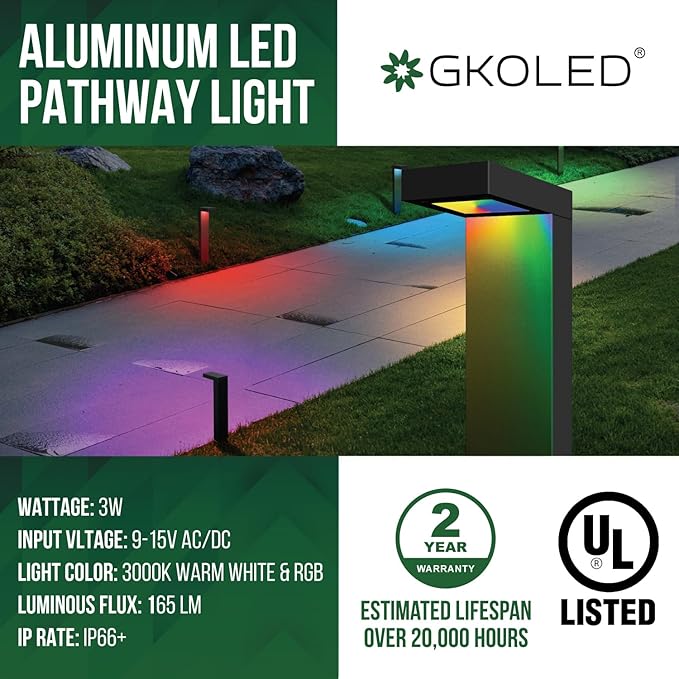 GKOLED 4 Pack Low Voltage Landscape Pathway Light Fixture 9-15V AC DC Outdoor Walkway Lighting with APP Control Color Changing Warm White for Yard Lawn Stake Die-cast Aluminum Housing