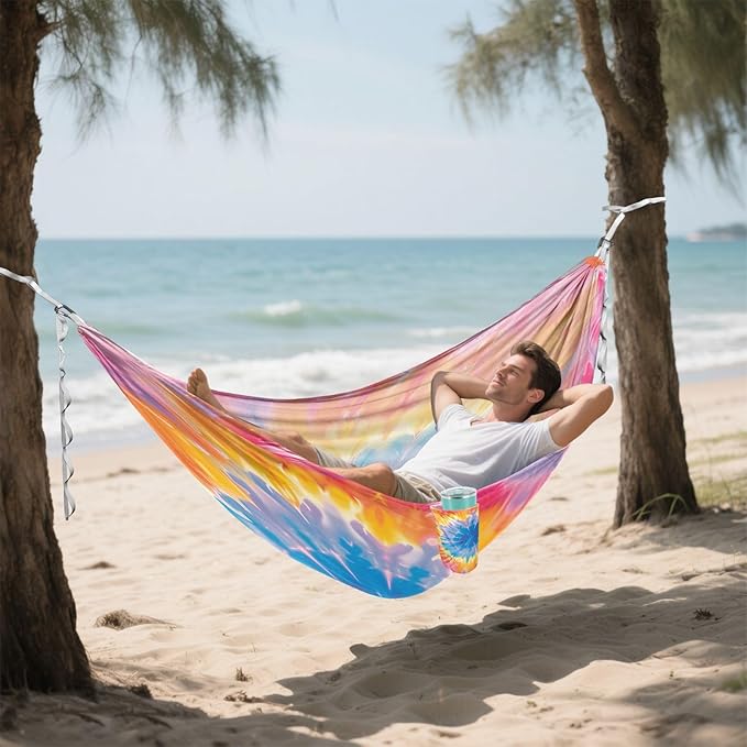 ALAZA Tie Dye Pink Yellow &amp Blue Camping Hammocks Single or 2 Person 500 lbs Portable Parachute Travel Hammock w/Tree Straps for Hiking Backpacking Indoor Outdoor