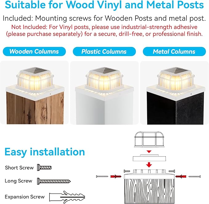 Solar Post Light 6 Packs with 4x4 5x5 and 6x6 Inches Base for Vinyl/Wooden Posts Bright 16 LEDs Solar Cap Lights with Two Light Modes for Decorating Deck Patio Porch Fence (White)