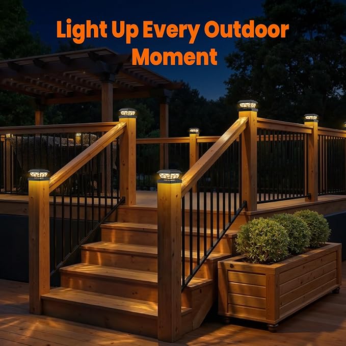 Brightever 4x4 Solar Post Cap Lights 12-Pack Solar Powered Fence Post Light Outdoor Waterproof for Vinyl/Wooden Post 2 Modes(Warm/Cool Light) Black Solar Deck Post Lights for Garden Patio Porch