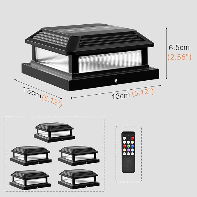 Solar Post Cap Lights Outdoor RGBW Fence Post Solar Lights with Remote Control Dusk to Dawn Waterproof Deck Posts Light fit 3.5x3.5-5x5 Posts for Deck Patio Garden Decoration (6 Pack Black)