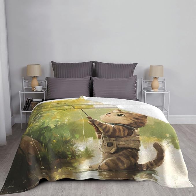 Kitten Fishing Soft Fleece Blanket 60 * 50 inch Soft Sofa Blanket Suitable for Sofa Camping Travel Night Cover Blanket