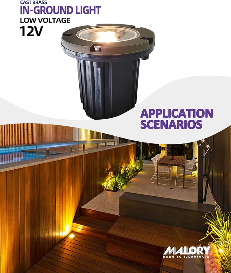 MALORY Brass Top Cover Landscape Well Lights (4.6''H) 12V Low Voltage Outdoor In Ground LightsLandscape Lighting for Pathway Driveway and Garden 4-Pack with MR16 Bulb (Flat Top)
