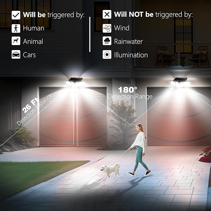 AmeriTop Solar Lights Outdoor 2 Pack LED High Brightness Cordless Solar Motion Sensor Lights 3 Adjustable Heads 270° Wide Angle Illumination IP65 Waterproof Security LED Wall Light(Daylight)