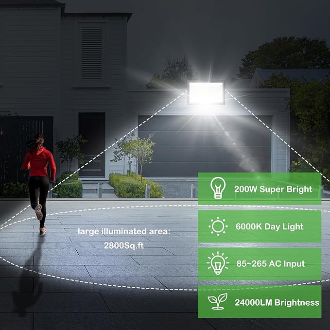 200W LED Flood Lights 3 Pack Outdoor IP66 Waterproof 24000LM Bright Security Light Outside Lamp Exterior Floodlights Lighting for Garage Garden Stadium Yard Arena