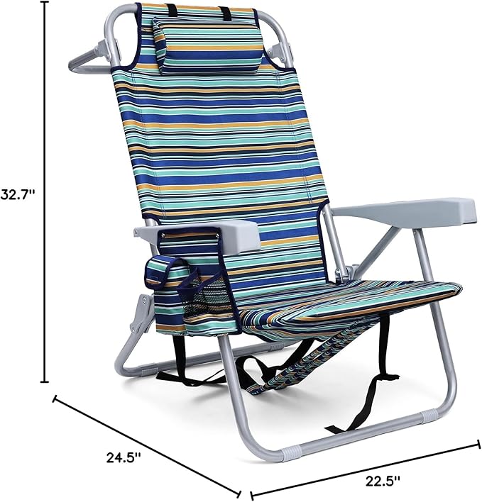 Backpack Beach Chair for Adults Folding Beach Chair with 4 Positions Heavy Duty Chair with Large Cooler Pouch Support to 350LBS (Stripes_Blue&ampCyan&ampYellow)