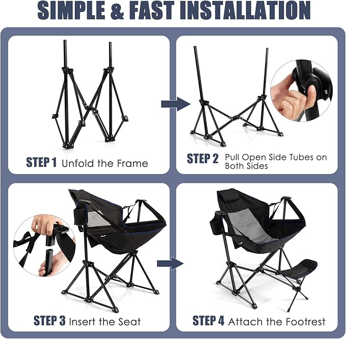 KOTEK Hammock Chair Portable Camping Chair with Retractable Footrest Adjustable Backrest Headrest Cup Holder &amp Carry Bag Folding Rocking Chair for Outdoor Lawn Patio Travel Picnic Fishing (Bl